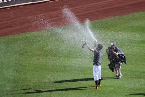 Josh Reddick celebrating with section 149 in right field